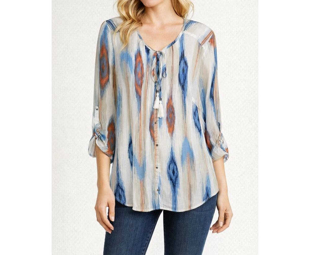 Black Rainn Sz M Boho Peasant Shear Top Blouse Colorful Artsy Long Sleeve EUC